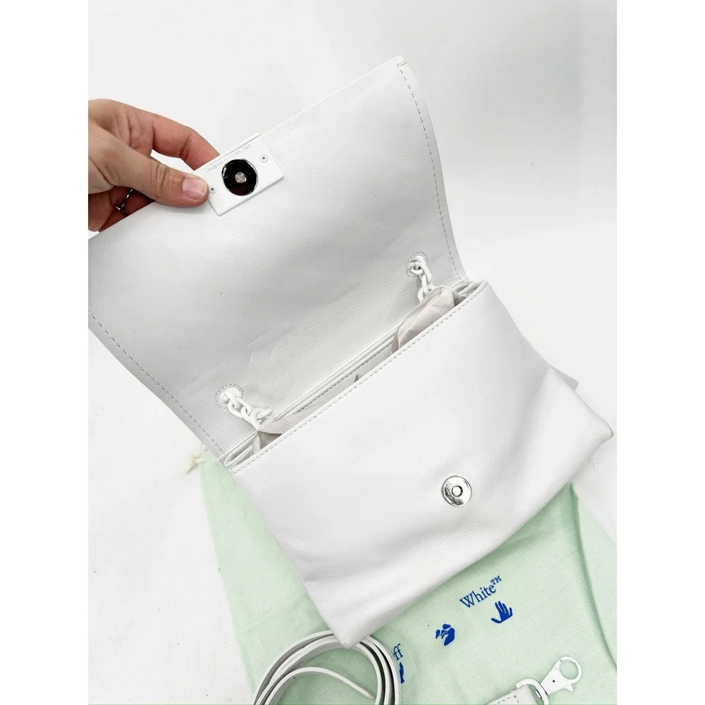 Off White White Leather Embossed Diagonal Stripe Soft‎ Binder Clip Shoulder Bag